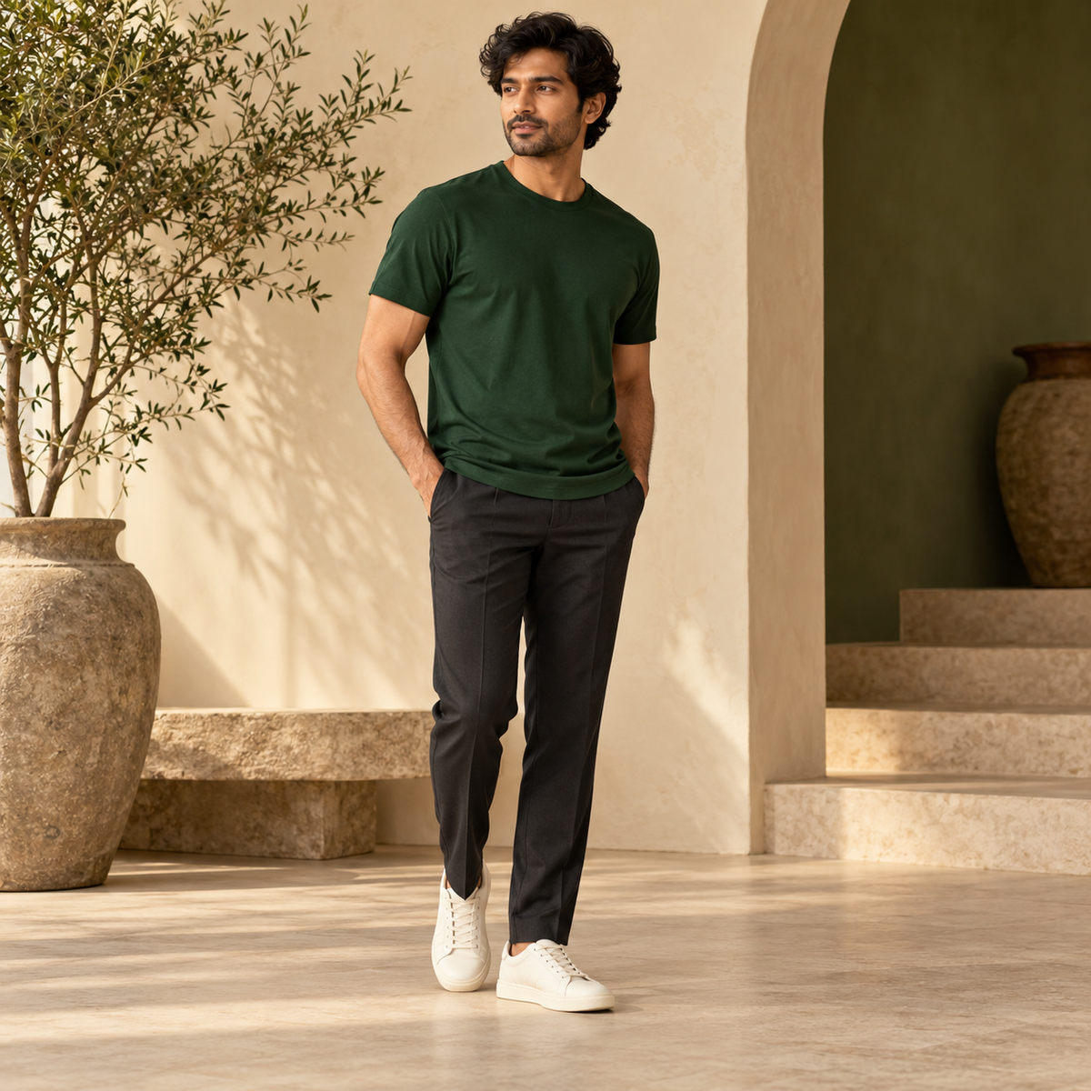 Illustrative styling image: model wearing a plain deep green crew-neck T-shirt. Select a colour for the actual garment mockup.