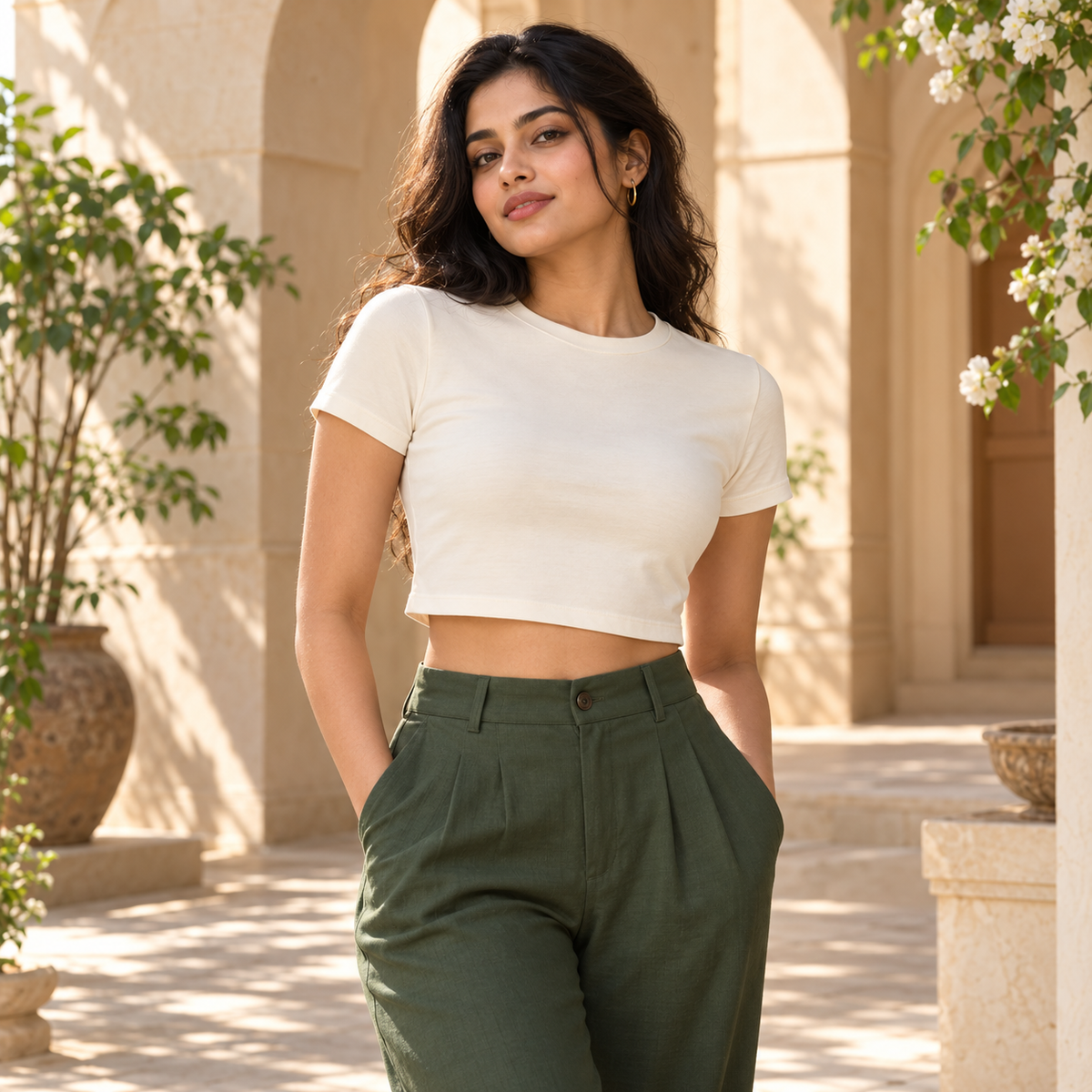 Illustrative styling image: model wearing an ivory women’s crop top. Select a colour for the actual garment mockup.