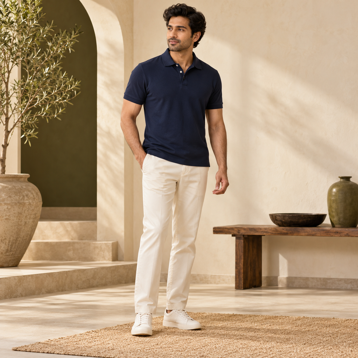 Illustrative styling image: model wearing a plain navy polo T-shirt. Select a colour for the actual garment mockup.