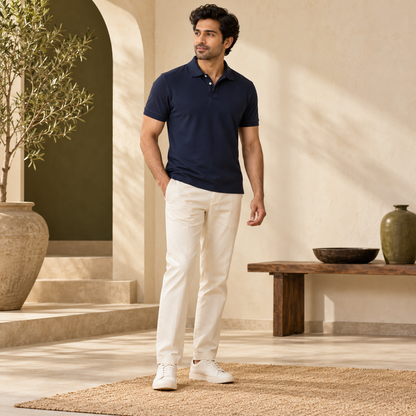 Illustrative styling image: model wearing a plain navy polo T-shirt. Select a colour for the actual garment mockup.