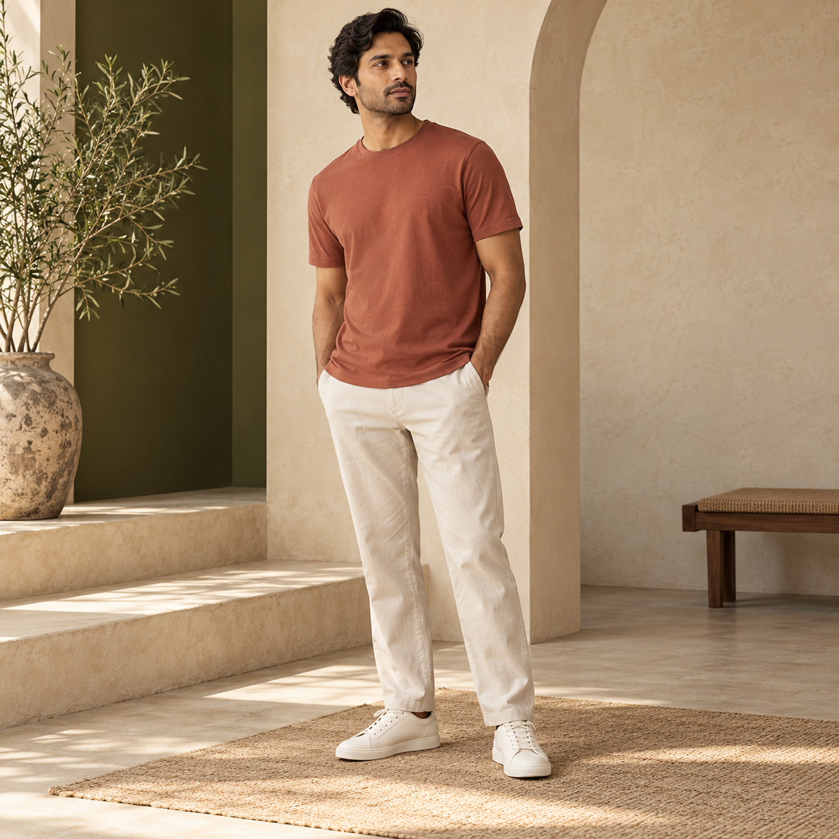 Illustrative styling image: model wearing a plain terracotta crew-neck T-shirt. Select a colour for the actual garment mockup.