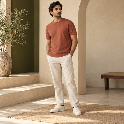 Illustrative styling image: model wearing a plain terracotta crew-neck T-shirt. Select a colour for the actual garment mockup.