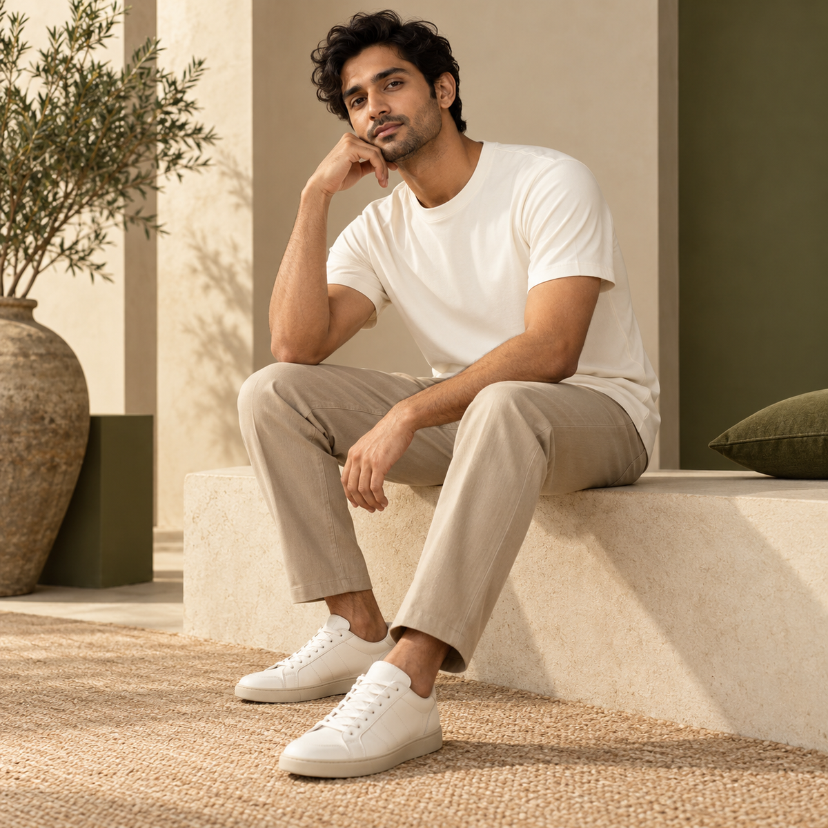 Illustrative styling image: model wearing a plain ivory crew-neck T-shirt. Select a colour for the actual garment mockup.