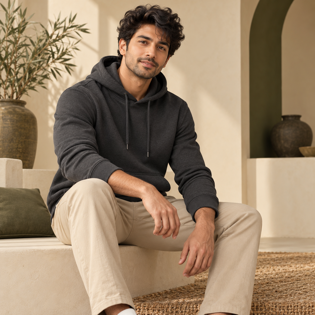 Illustrative styling image: model wearing a plain charcoal regular fit hoodie. Select a colour for the actual garment mockup.
