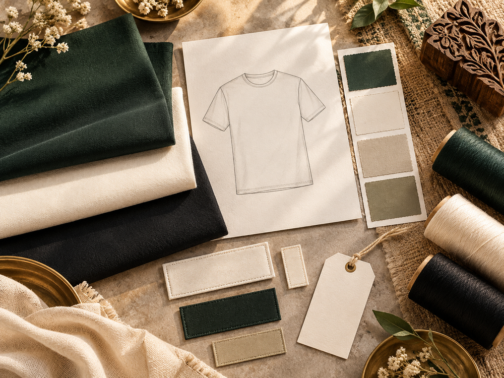 Illustrative concept of T-shirt fabric swatches, fit sketch, labels and threads