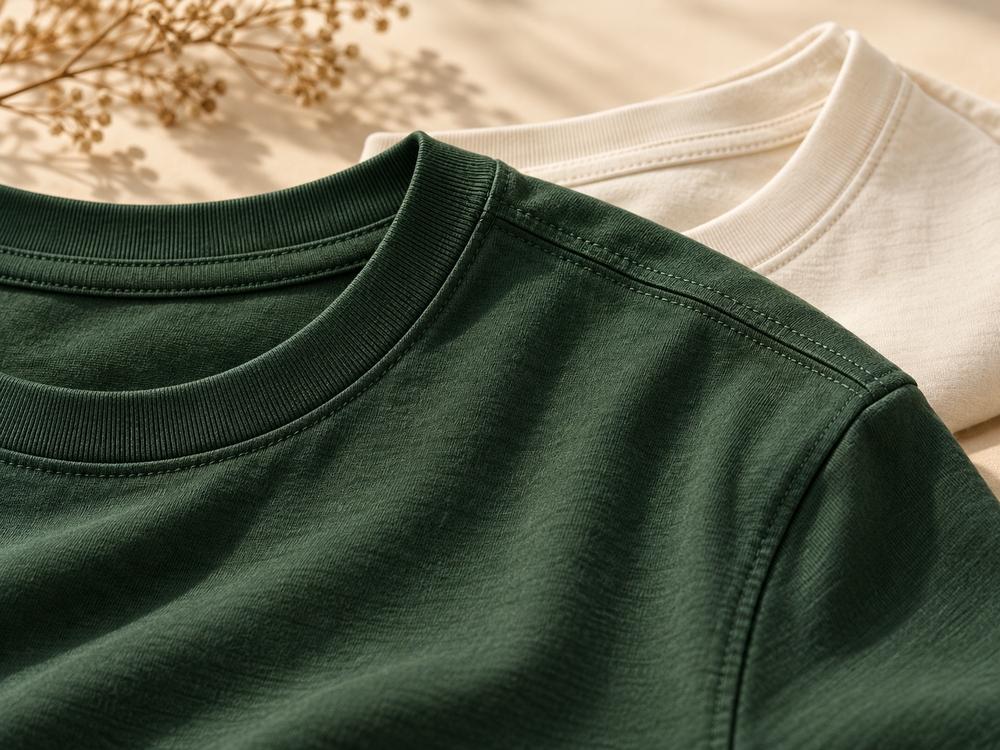 Illustrative close-up concept of T-shirt neck ribbing and shoulder stitching