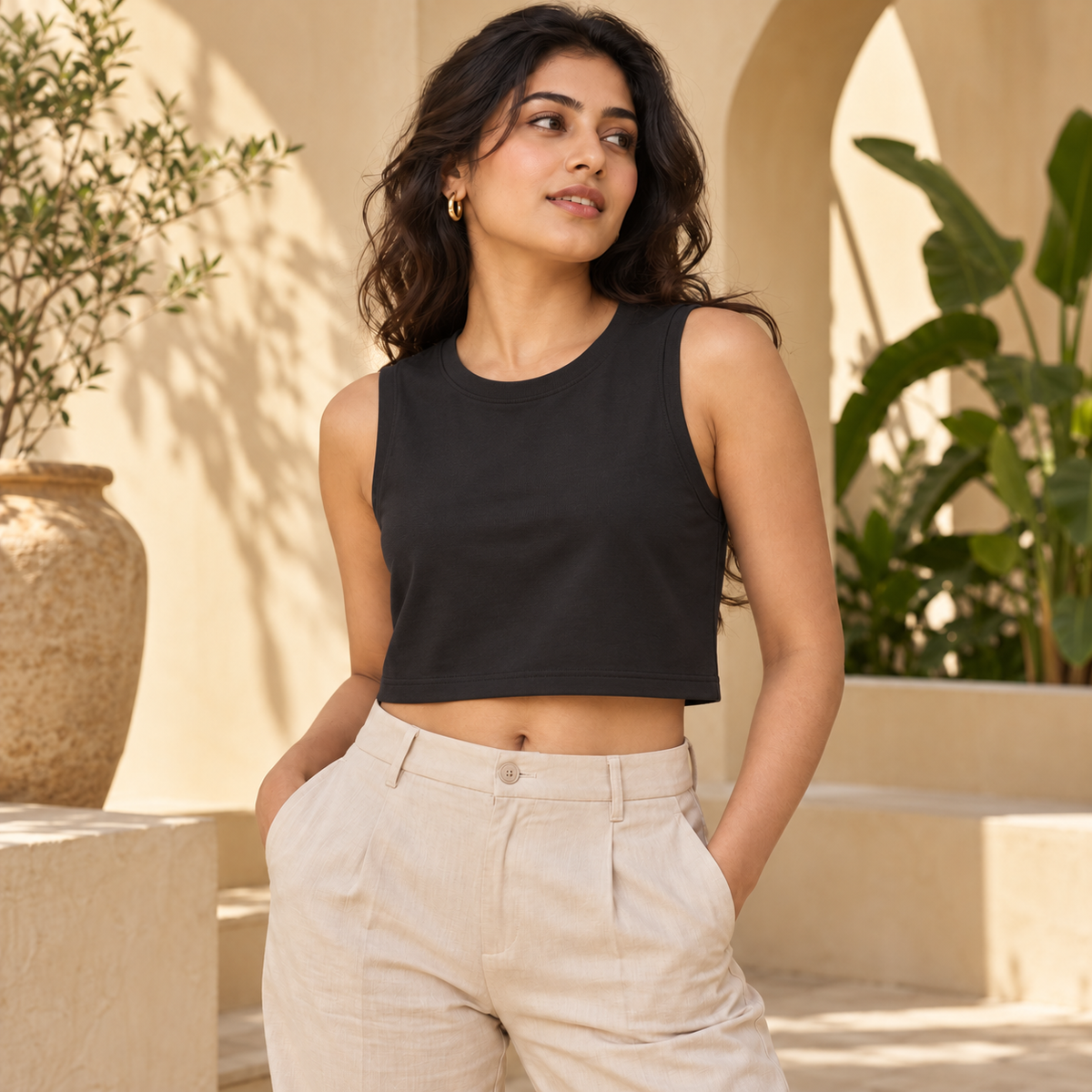 Illustrative styling image: model wearing a black women's crop tank top with a round neck, wide shoulders and straight hem. Select a colour for its garment mockup.