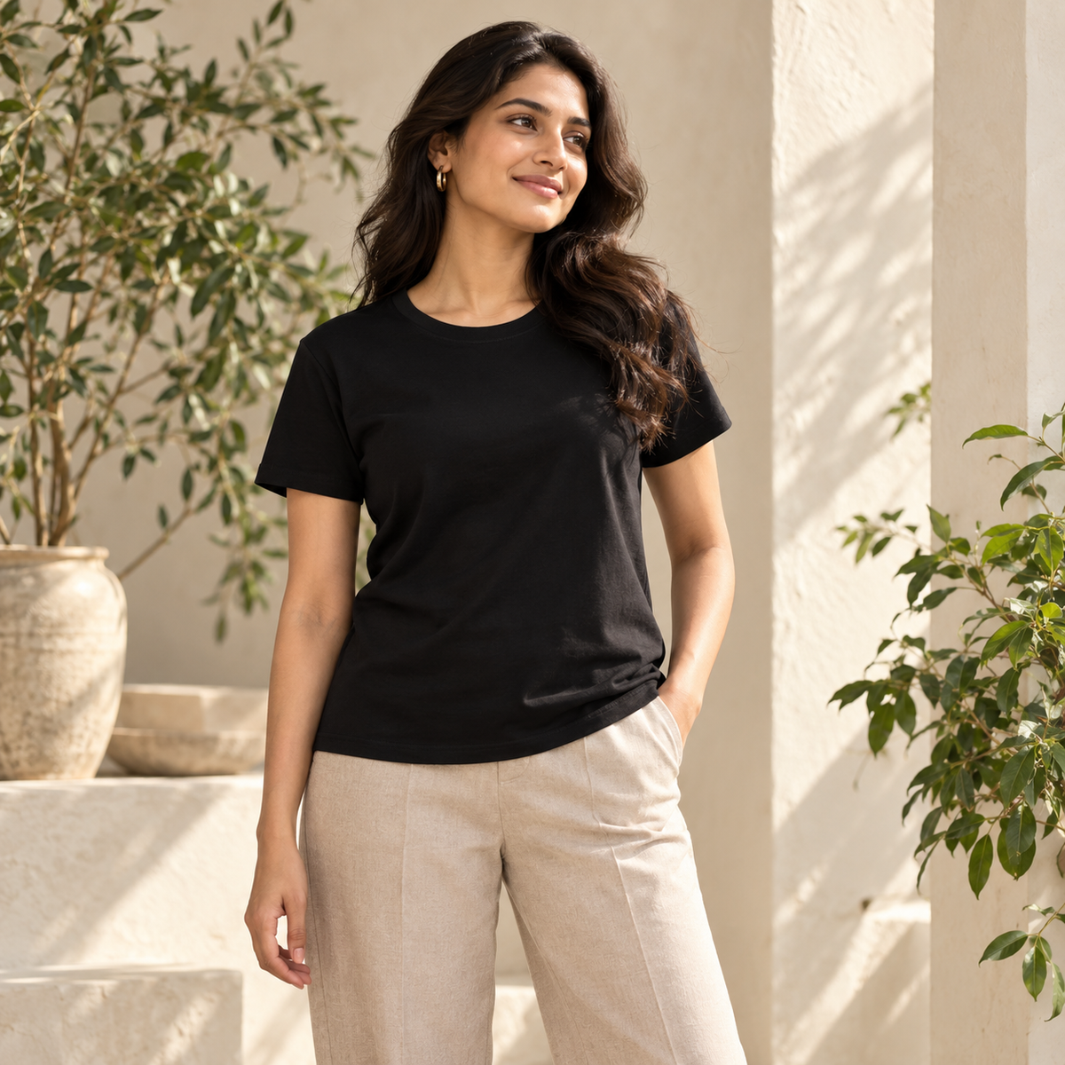 Illustrative styling image: model wearing a plain black women’s round neck T-shirt. Select a colour for the actual garment mockup.